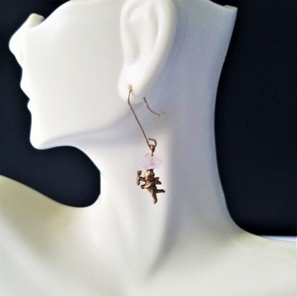 Vintage Cupid With Arrow Earrings Tiny Dangling Cherub With Pink Stone - Picture 2 of 5